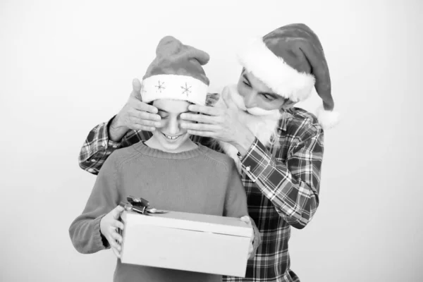 Happy Man Covering His Son Eyes Giving Gift Christmas — Stock Photo, Image
