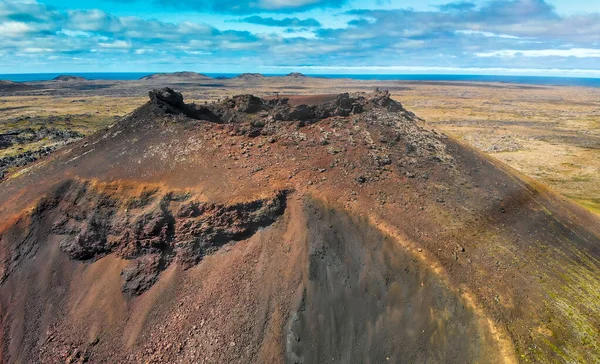 Saxholl Crater is a famous volcano in Iceland. Aerial view in summer season from drone