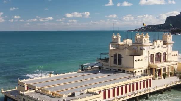 Uitzicht Vanuit Lucht Het Strand Kustlijn Van Mondello Sicilië Italië — Stockvideo