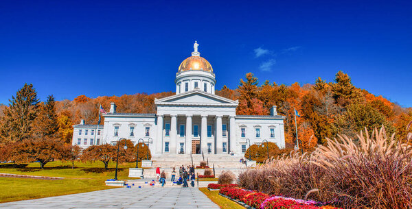 Montpelier, VT - October 10, 2015: Vermont State Capitol in exterior view in Montpelier, foliage season.