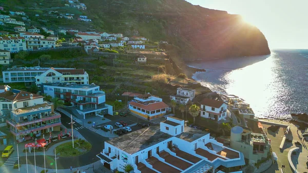 Vista Aérea Las Piscinas Naturales Porto Moniz Atardecer Madeira Portugal — Foto de Stock