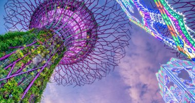 SINGAPORE - 1 HAZİRAN 2020: Bahçe Rhapsody Işık Gösterileri Supertree Grove 'da, Marina Körfezi bölgesindeki Bay şehir parkının yanındaki bahçelerde