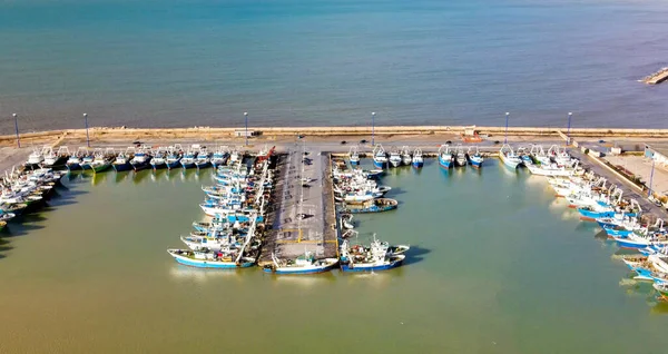 Fishing Boats Small Port Aerial Overhead View Drone — Stockfoto