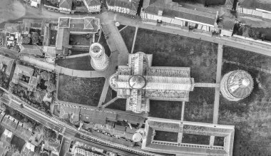 Black and white overhead aerial view of Square of Miracles, Pisa. Piazza del Duomo from drone, Italy.