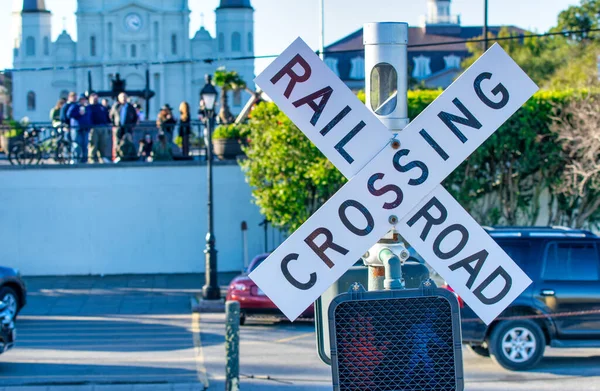 New Orleans railroad crossing street sign, Louisiana.