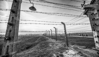 Auschwitz-Birkenau İkinci Dünya Savaşı ve Yahudi Soykırımı sırasında işgal edilen Polonya 'daki toplama kampı. Dikenli Tel.