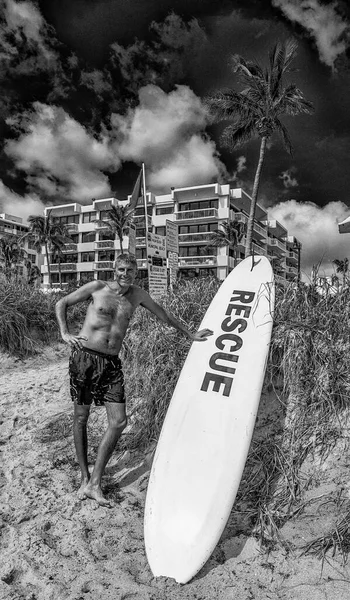 Happy Man Touching Rescue Surf Board Palm Beach Florida — Stock Photo, Image