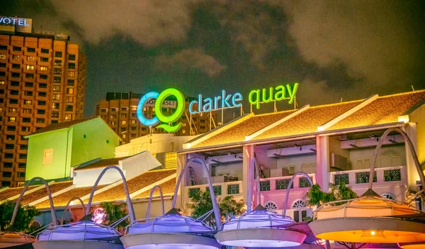 Singapore January 2020 Clarke Quay Sign Night Singapore River — Stock Photo, Image