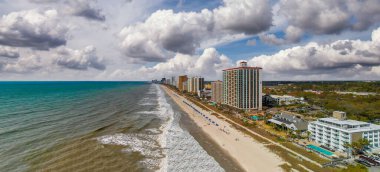 Myrtle Beach from drone, South Carolina. City and beach view at dusk.
