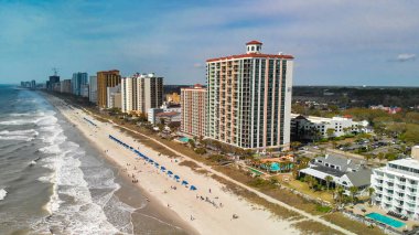 Myrtle Beach from drone, South Carolina. City and beach view at dusk.