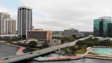 Jacksonville, Florida - April 2018: Aerial view of city skyline from drone viewpoint.