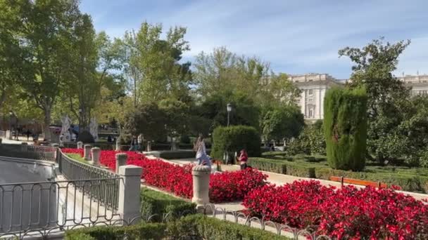 マドリード スペイン 2022年10月29日 晴れた日にオリエンテ広場の庭園 — ストック動画