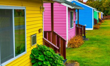 Sonbahar mevsiminde yeşillik bir arazide renkli ahşap evler.