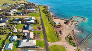 Emu Bay homes and coastline, Kangaroo Island from drone, Australia.