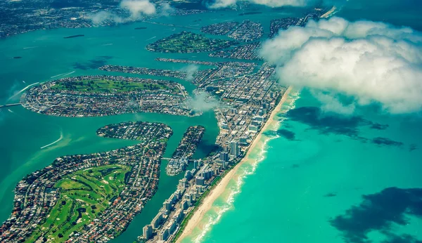 Amazing Aerial View Miami Beach Skyline Coastline Departing Airplane — Stock Photo, Image