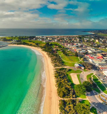 Aerial view of Apollo Bay, Australia from drone, The Great Ocean Road.
