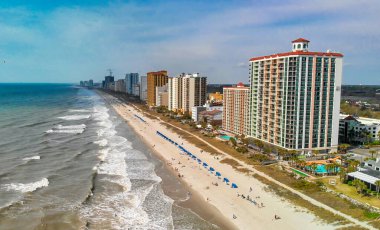 Myrtle Beach from drone, South Carolina. City and beach view at dusk.