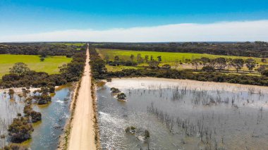 Kangaroo Island unpaved road along lake and trees, aerial view from drone - Australia.