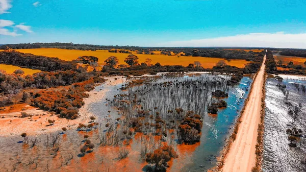 Kangaroo Island Unpaved Road Lake Trees Aerial View Drone Australia — Stock Photo, Image