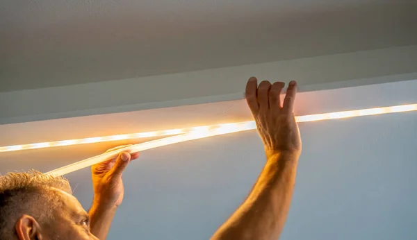 Led Strip Yellow Warm Light Light Installation Male Installer — Stock Photo, Image