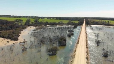 Kangaroo Island unpaved road along lake and trees, aerial view from drone - Australia.