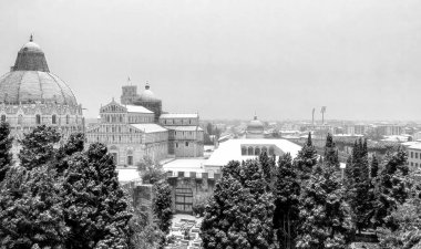 Aerial view of ancient Cemetery and Field of Miracles after a snowstorm, Tuscany - Italy.
