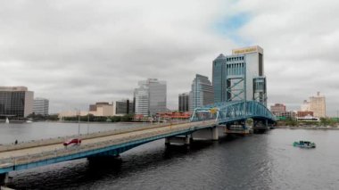 JACKSONVILLE, FL - APRIL 6, 2018: Panoramic aerial city view on a overcast day. Jacksonville is a famous tourist attraction in Florida.