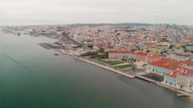 Lisbon, Portugal. Panoramic aerial view of Commerce Square and city skyline from the Tago River.