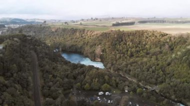 Huka Falls in Taupo, New Zealand. Amazing panoramic aerial view on a beautiful afternoon.