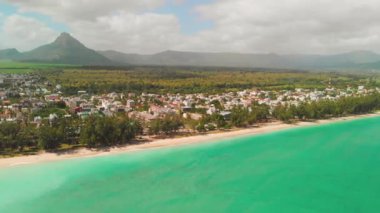 Beautiful Mauritius Island with gorgeous beach Flic en Flac, aerial view from drone.