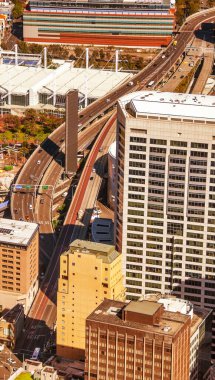 Aerial view of Sydney skyscrapers and major road in Central Business District - New South Wales, Australia