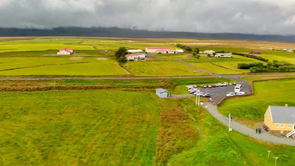 Aerial view of Glaumbaer, Iceland. Glaumbaer, in the Skagafjordur district in North Iceland, is a museum featuring a renovated turf farm and timber buildings
