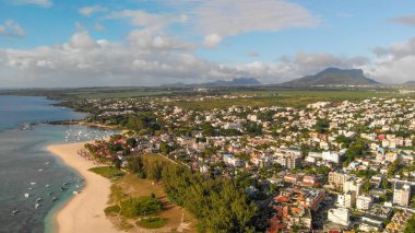 Amazing aerial view of Flic en Flac Beach at sunset, Mauritius Island.