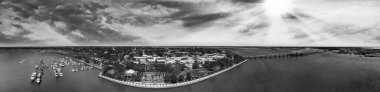 Panoramic aerial view of Charleston skyline from drone at sunset, South Carolina