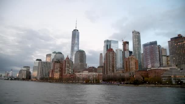 Modern Skyline Lower Manhattan Moving Boat Hudson River — Stock Video