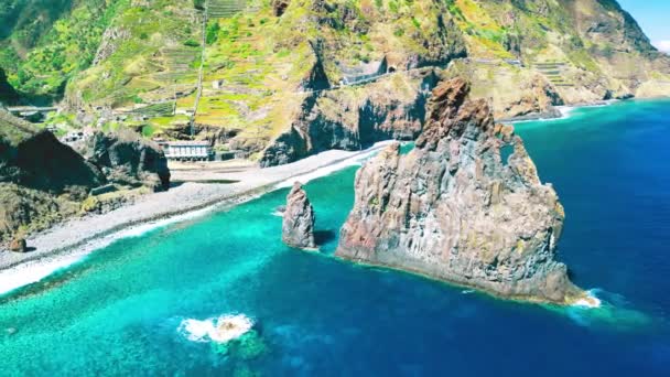 Aerial View Tall Lava Rocks Ocean Islet Towers Ribeira Janela — Video