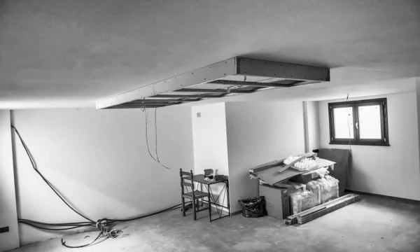 Finishing works in a new house. Suspended Ceilings. Drywall ceiling preparation for led lightin
