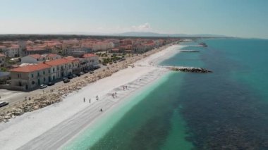 Marina di Pisa from the sky, Italy. Beautiful panoramic aerial view of coastline and cityscape.