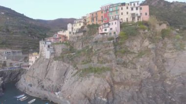 Aerial view of Manarola coastline from the sky, Five Lands, Italy.