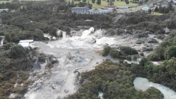 Aerial View Puia National Park Geysers Rotorua Backlit Scene New — Video Stock