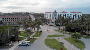 Aerial view of Boca Raton skyline and Palmetto Park Road on a cloudy sunset, Florida, USA.