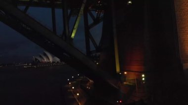 Sydney Harbor Bridge aerial view at night.