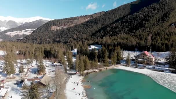 Dobbiaco Lake Forest Snow Aerial View Winter — Wideo stockowe