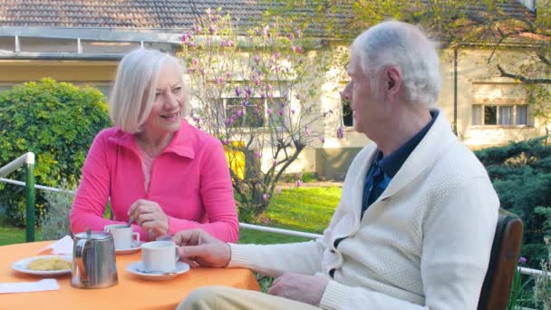 Пожилая Пара Разговаривает Открытом Воздухе Завтраком Активные Пенсионеры — стоковое видео