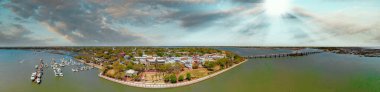 Panoramic aerial view of Charleston skyline from drone at sunset, South Carolina