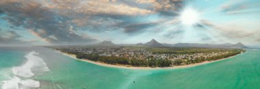Beautiful Mauritius Island with gorgeous beach Flic en Flac, aerial view from drone.