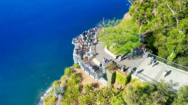 Tourists Enjoy Viewpoint Cabo Girao Madeira Coastline Portugal Aerial View — 图库照片