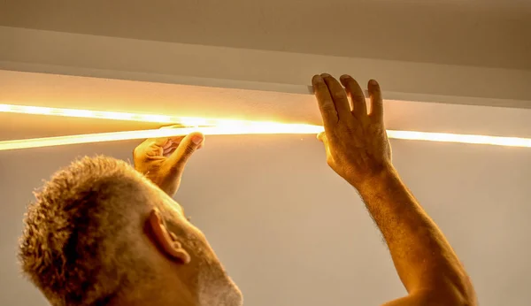 Led Strip Yellow Warm Light Light Installation Male Installer — Foto de Stock