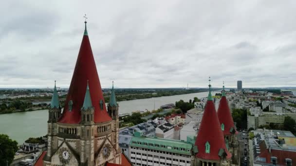 Exterior Aerial View Saint Francis Assisi Church Vienna Cityscape Austria — Stock Video