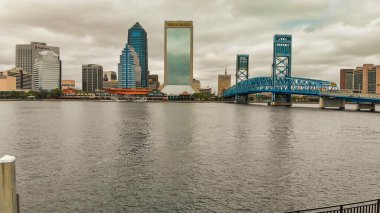 Jacksonville, Florida - April 2018: Aerial view of city skyline from drone viewpoint.